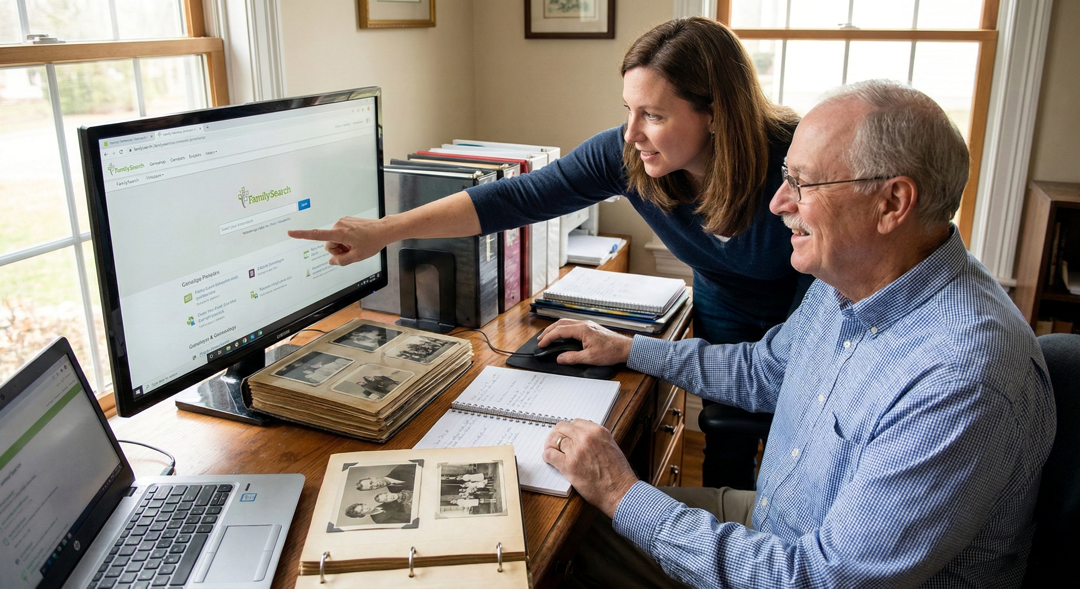 Family working on genealogy together